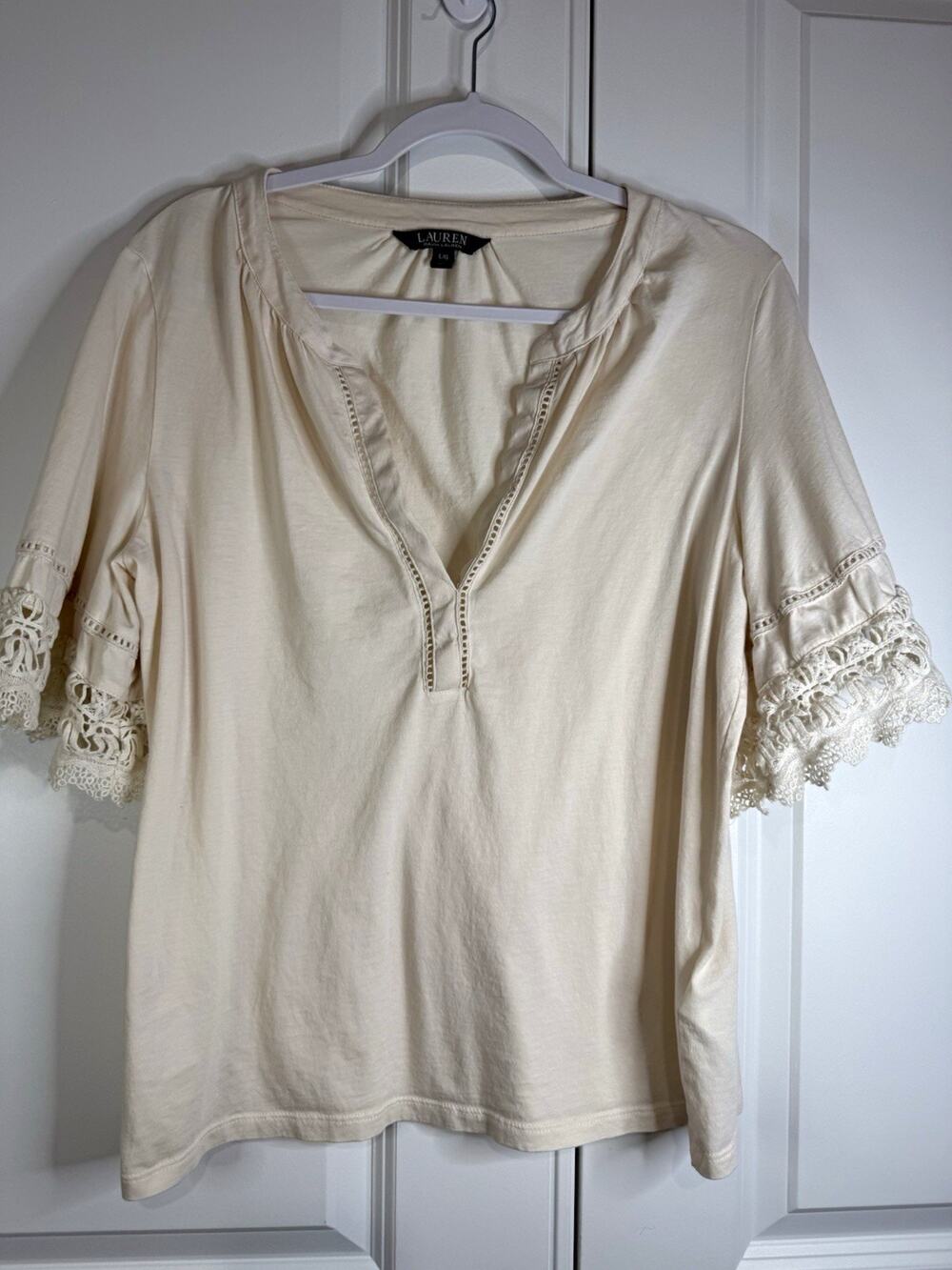 Lauren Ralph Lauren Ivory Solid V-Neck Lace Trim Short Sleeve Cotton Blouse L